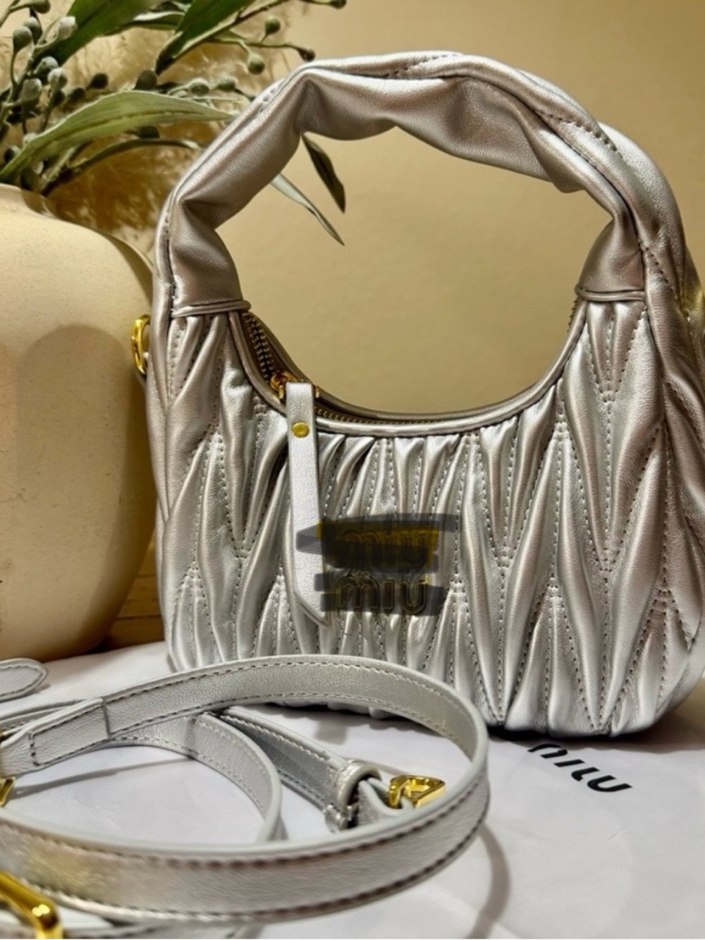 Mi Quilted Mini Hobo Bag in Metallic Silver